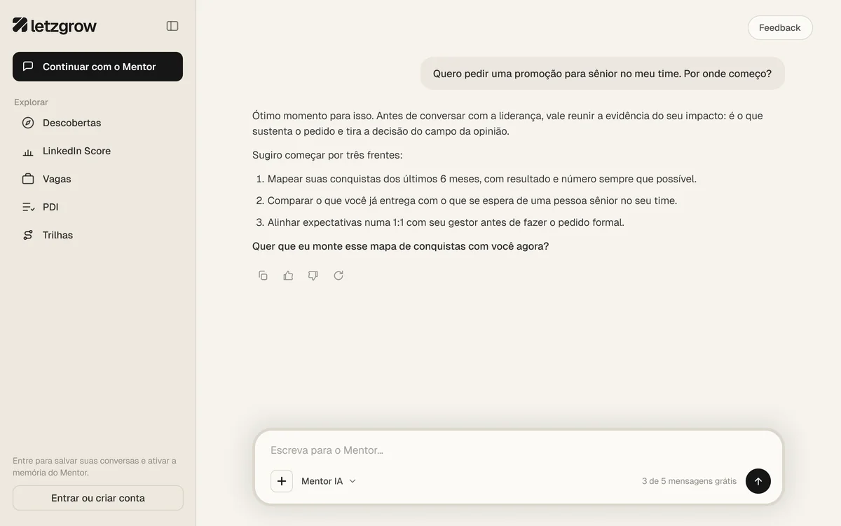 Tela do app: conversa com o mentor e, ao lado, o perfil que ele monta a partir do que você conta.